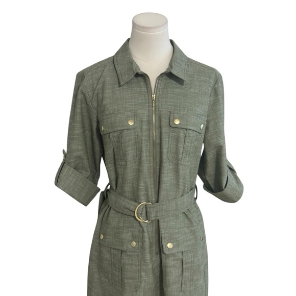 SHARAGANO Olive Green Belted Cargo Midi Dress Size 10 Work Casual‎ Vacation Gold - Picture 5 of 11